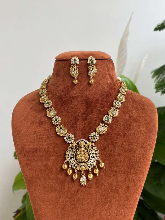 Lakshmi Devi Peacock Motif Necklace with CZ & Emerald Green Stones