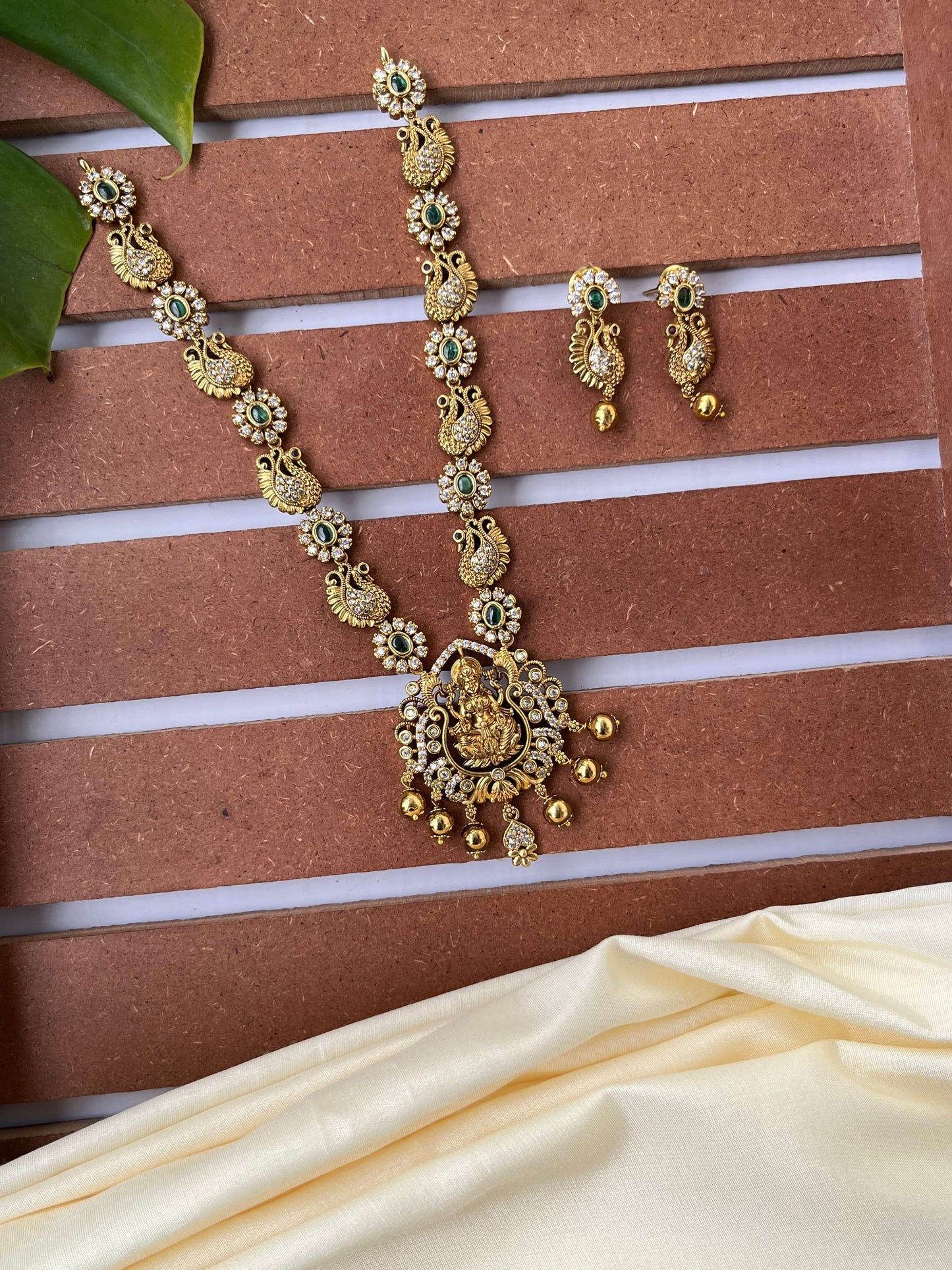 Lakshmi Devi Peacock Motif Necklace with CZ & Emerald Green Stones