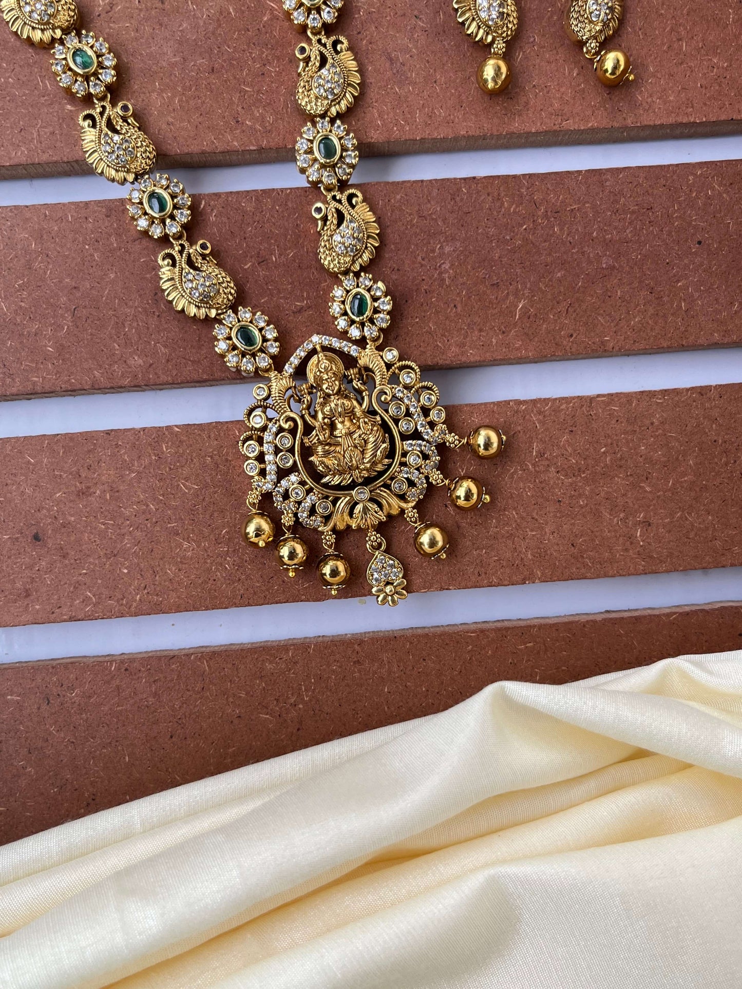 Lakshmi Devi Peacock Motif Necklace with CZ & Emerald Green Stones