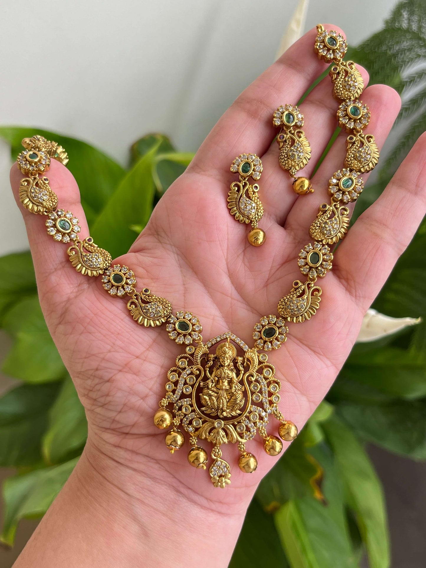 Lakshmi Devi Peacock Motif Necklace with CZ & Emerald Green Stones