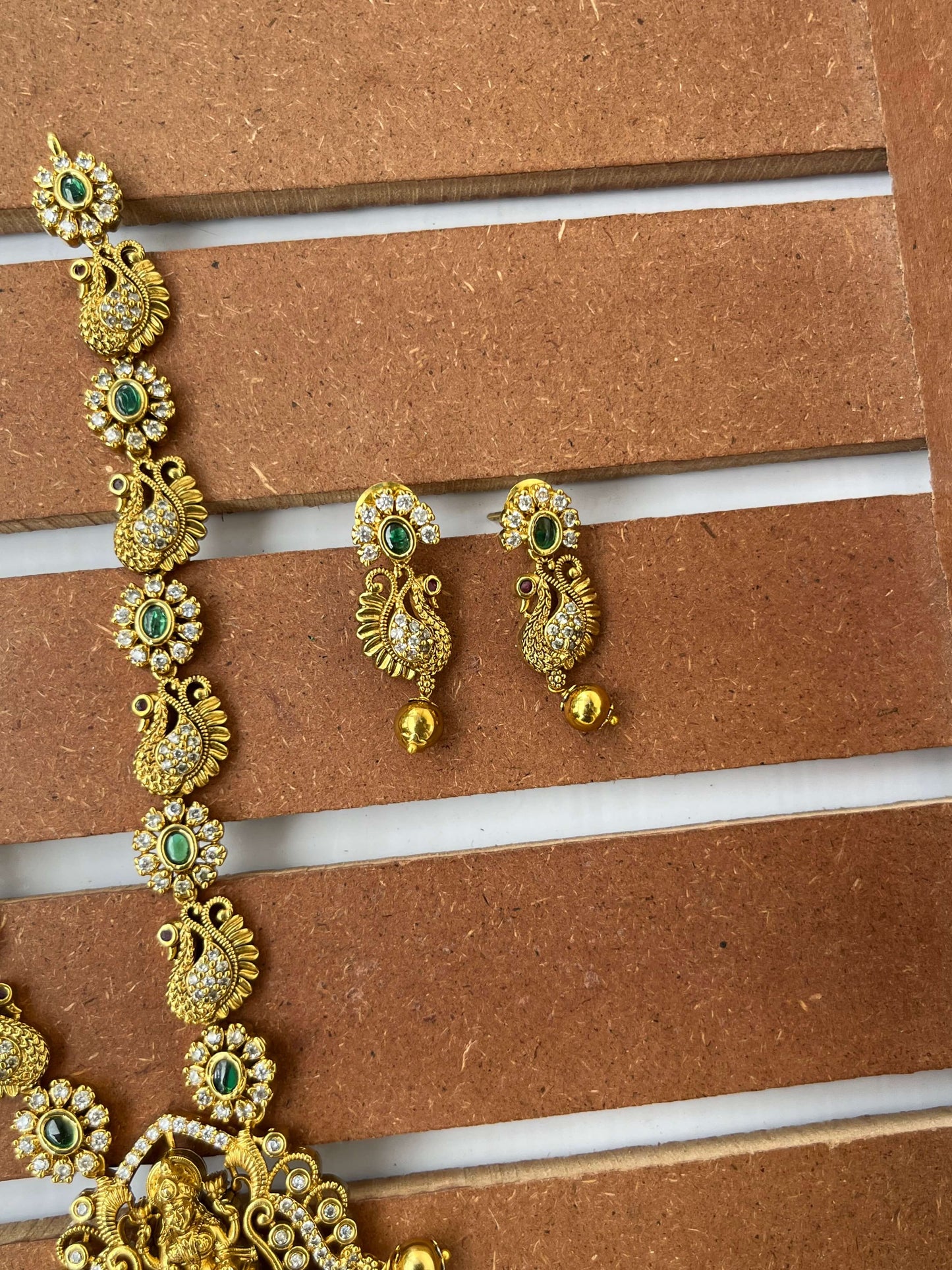 Lakshmi Devi Peacock Motif Necklace with CZ & Emerald Green Stones