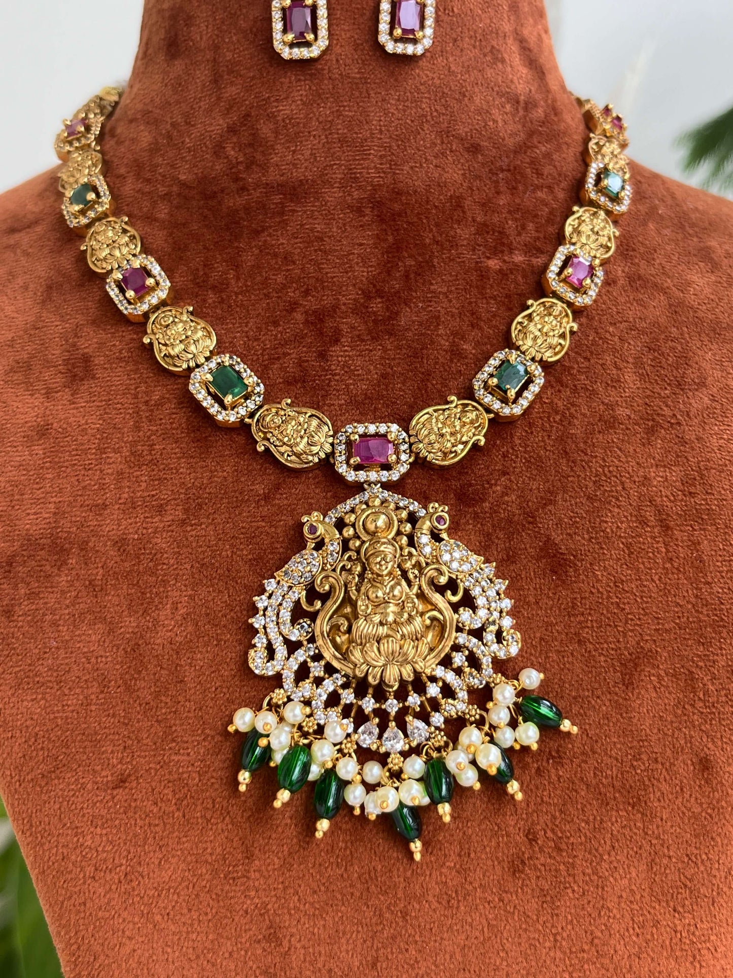 Lakshmi Devi Pendant Necklace with Pearl Drops