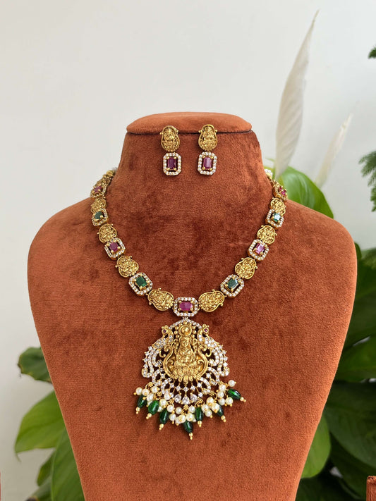 Lakshmi Devi Pendant Necklace with Pearl Drops