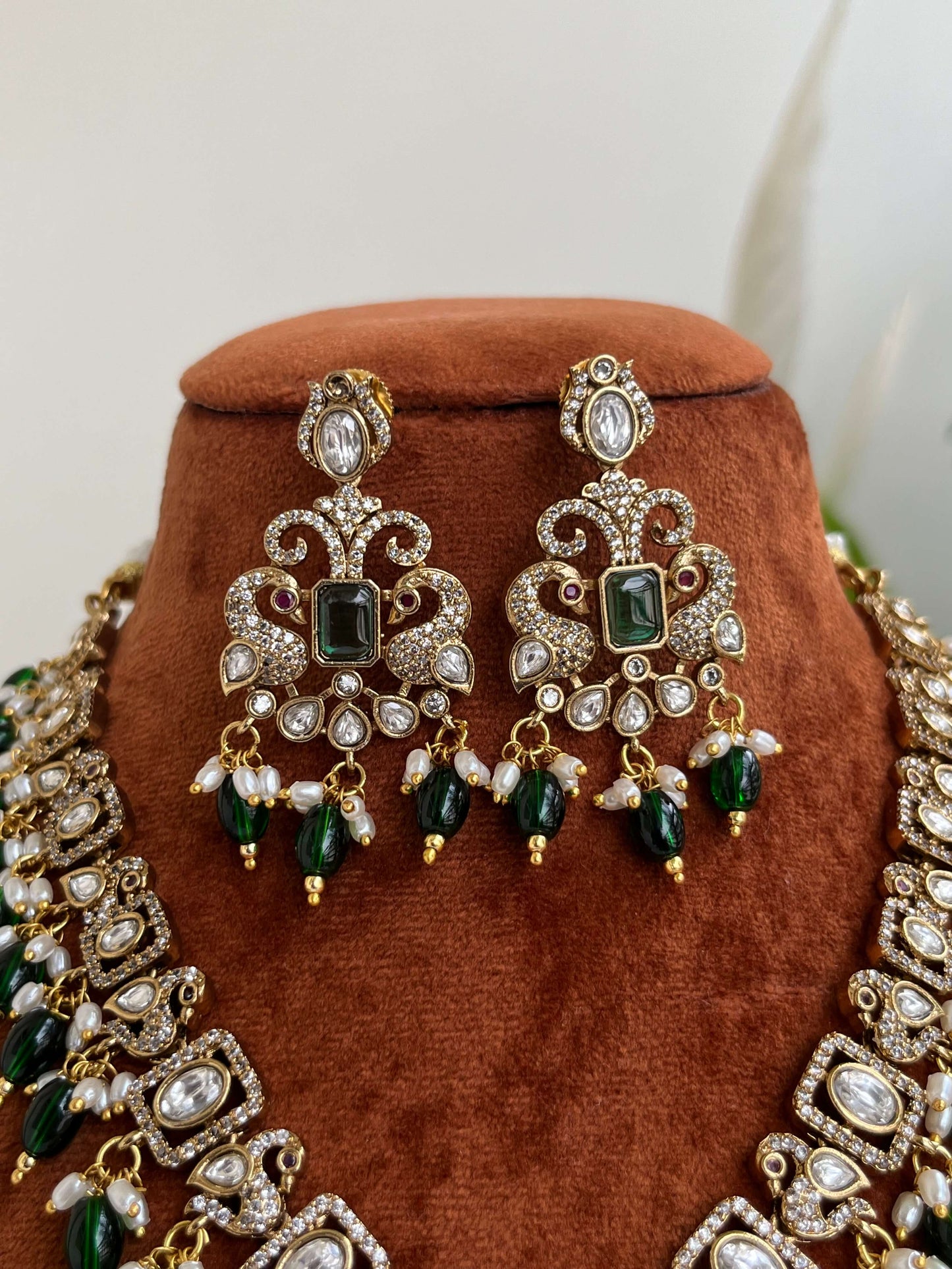 Victorian Necklace Set with Emerald Green Stones & Pearl Drops