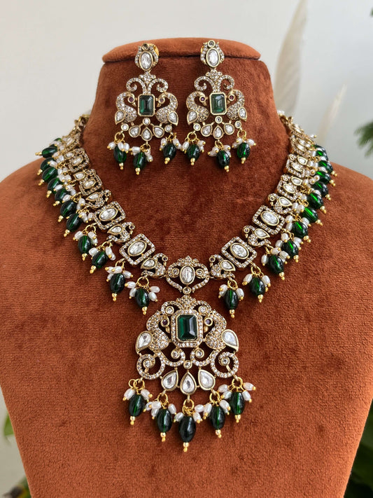 Victorian Necklace Set with Emerald Green Stones & Pearl Drops