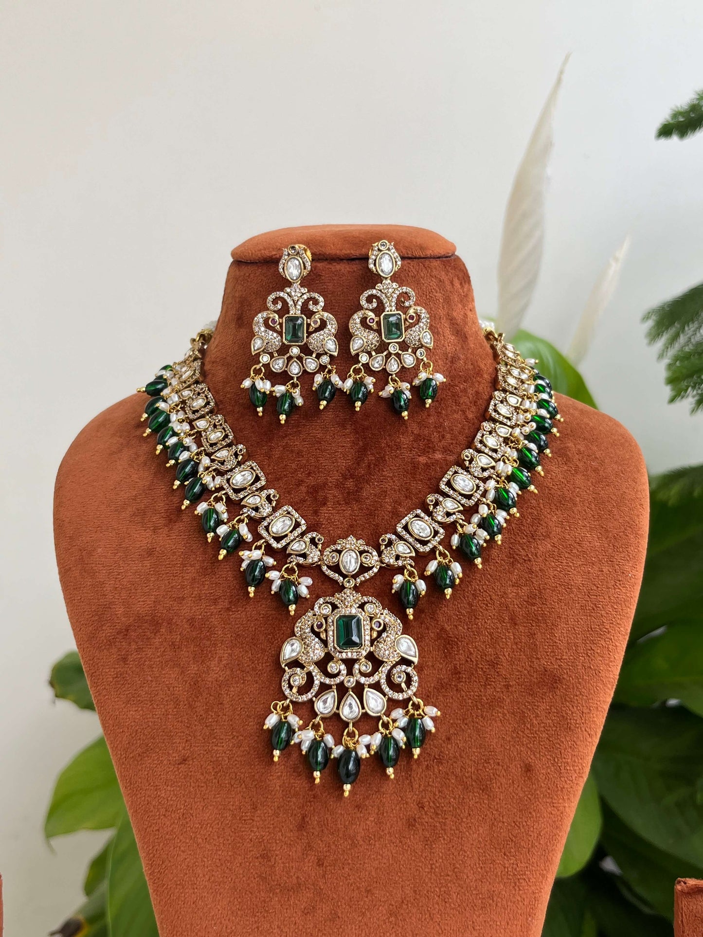 Victorian Necklace Set with Emerald Green Stones & Pearl Drops