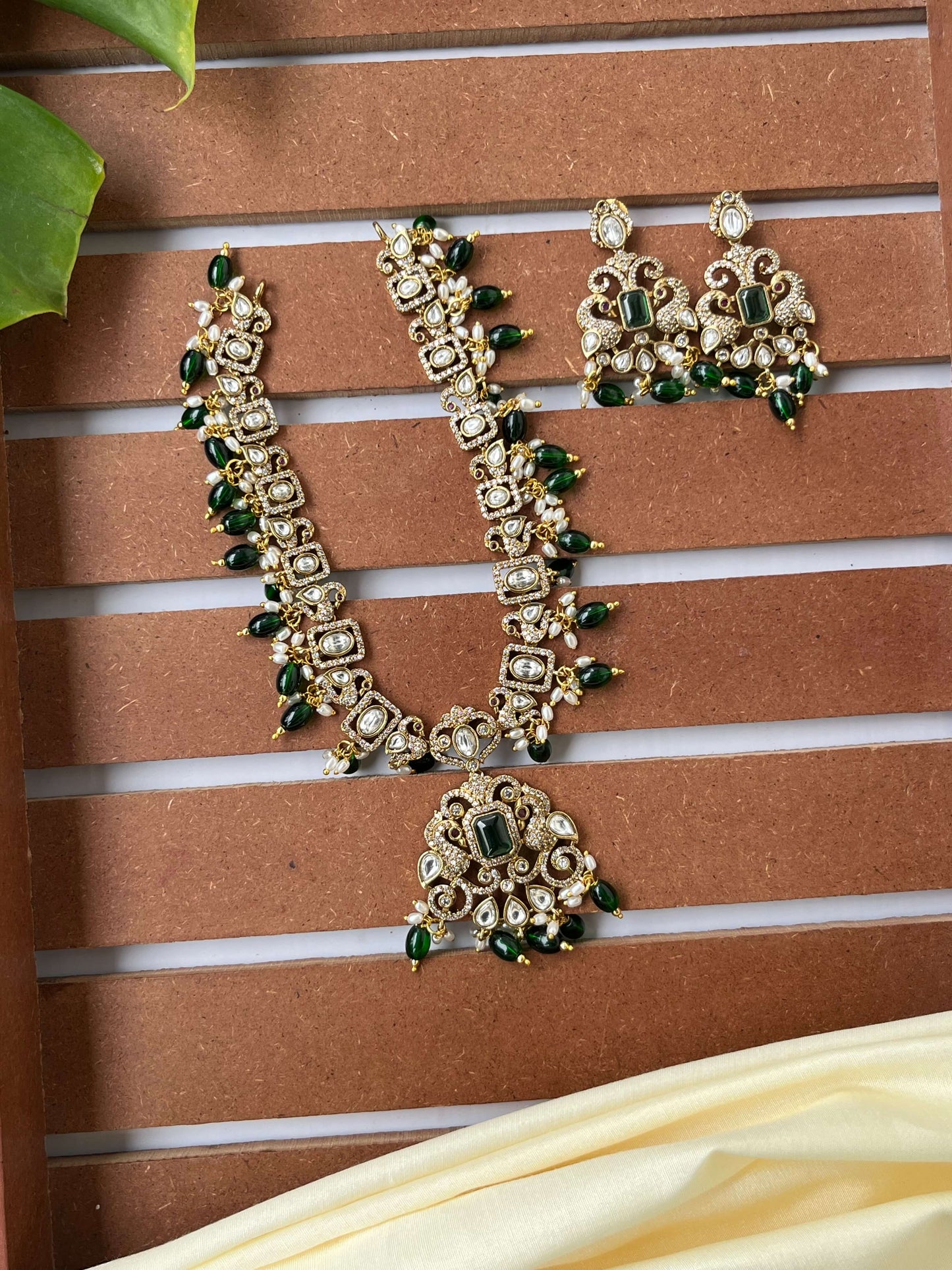 Victorian Necklace Set with Emerald Green Stones & Pearl Drops