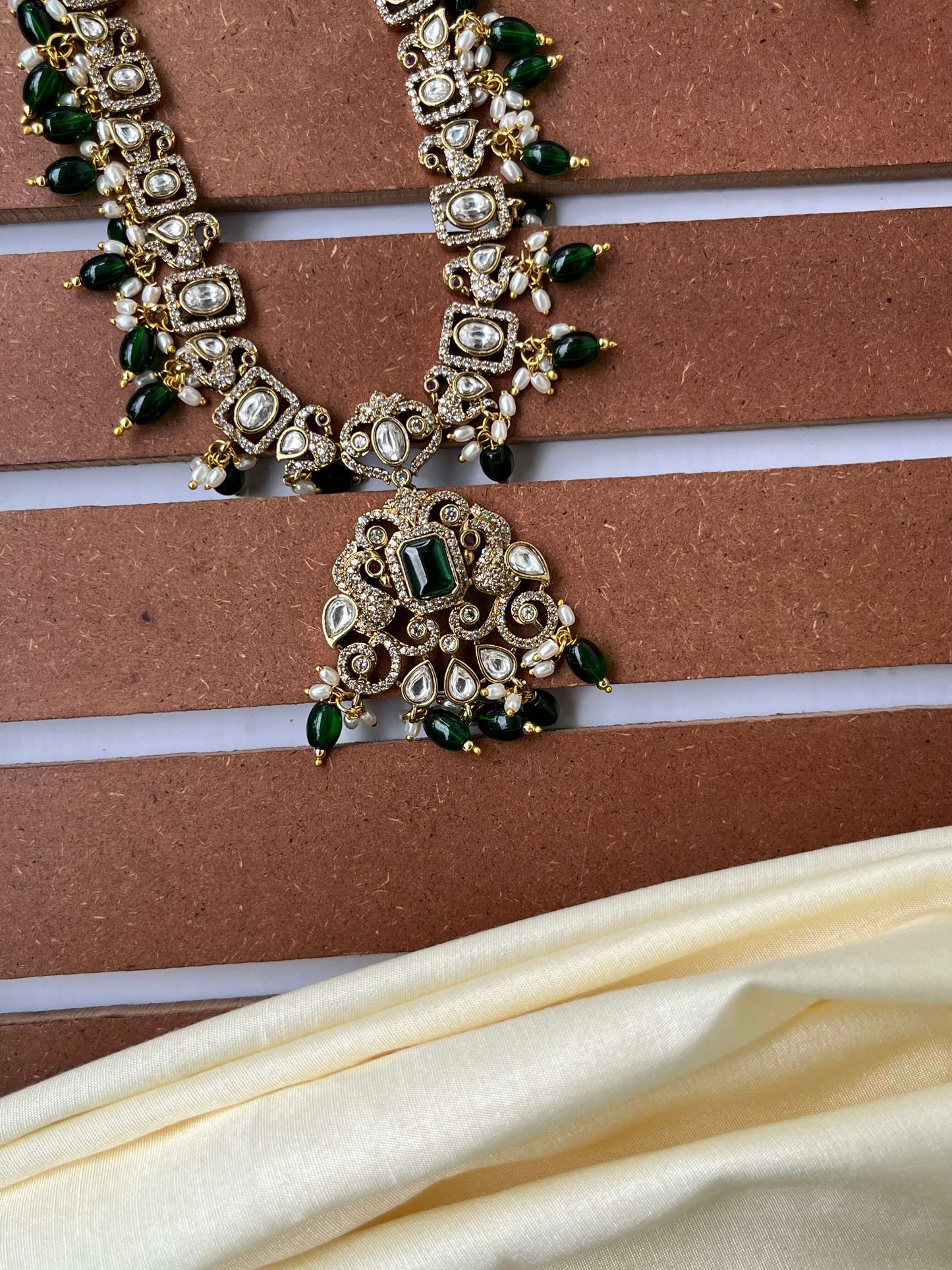 Victorian Necklace Set with Emerald Green Stones & Pearl Drops