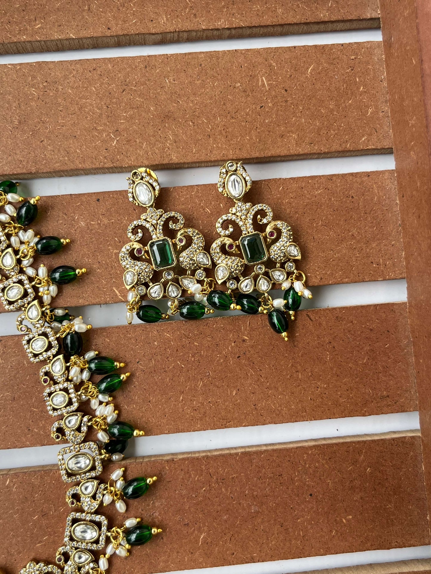Victorian Necklace Set with Emerald Green Stones & Pearl Drops