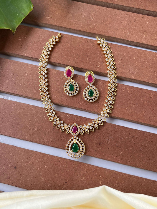 CZ Studded Necklace Set with Ruby & Emerald Stones
