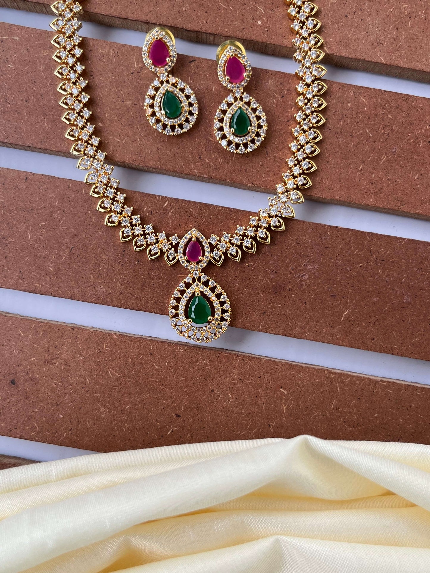 CZ Studded Necklace Set with Ruby & Emerald Stones