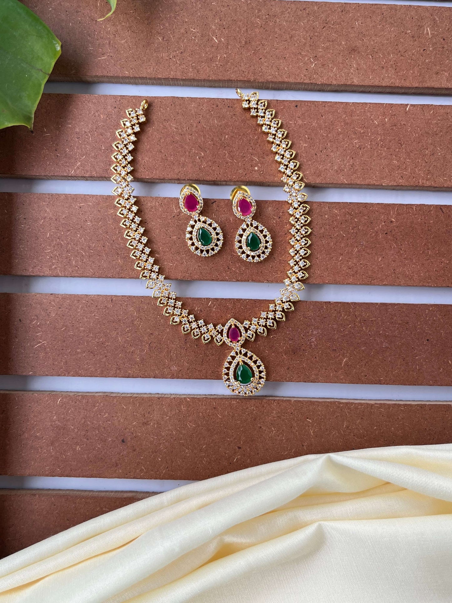 CZ Studded Necklace Set with Ruby & Emerald Stones