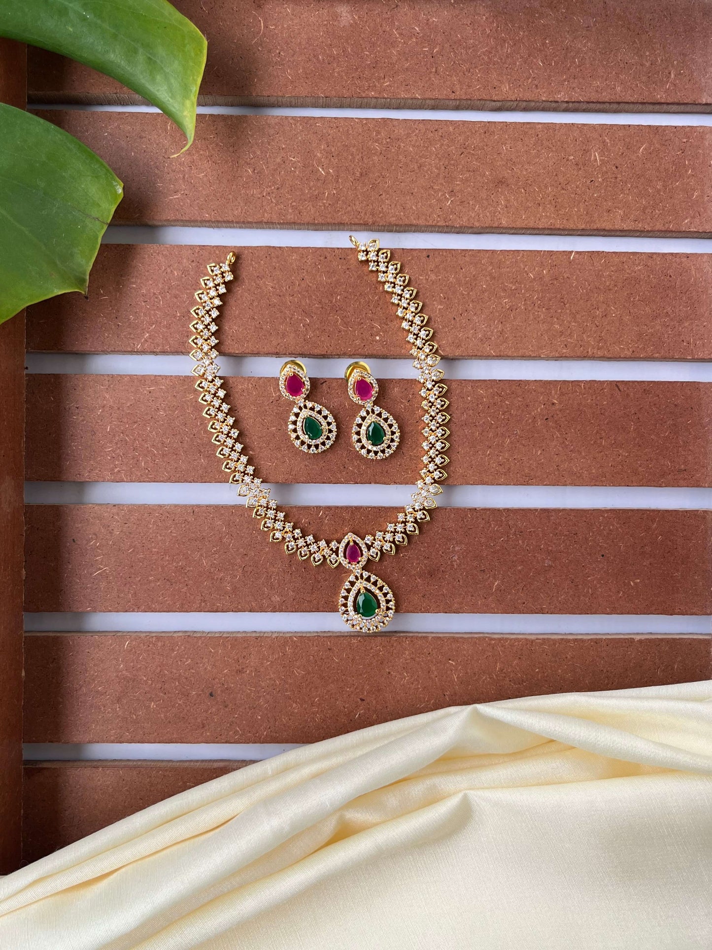 CZ Studded Necklace Set with Ruby & Emerald Stones