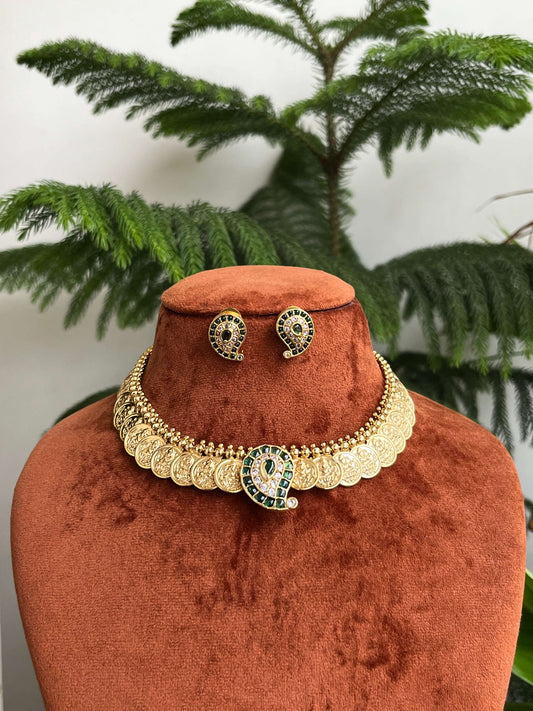 Mango Leaf Pendant Lakshmi Devi Coin Necklace with Studs