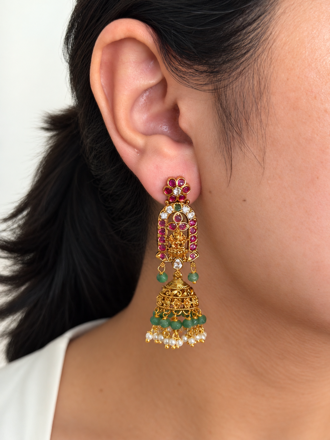 Lakshmi Arch Ruby Kemp Jhumka Earrings with Pearl and Green Bead Drops