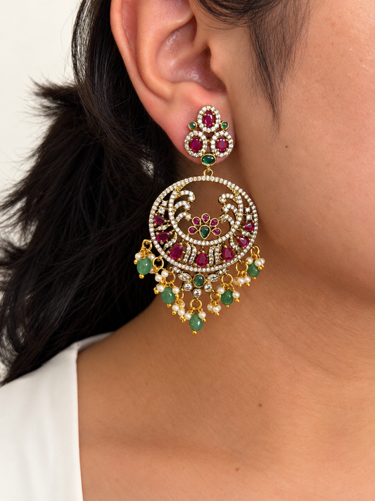 Peacock CZ Chaandbali Statement Earrings with Ruby Teardrops and Bead Drops