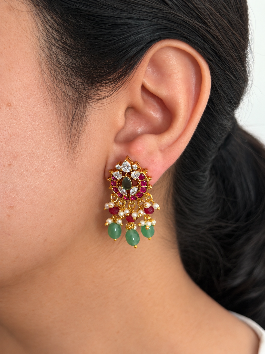 Round Ruby Kemp Stud Earrings with CZ Crown and Mint Green Bead Drops