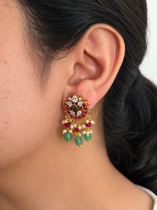 Round Ruby Kemp Stud Earrings with CZ Crown and Mint Green Bead Drops