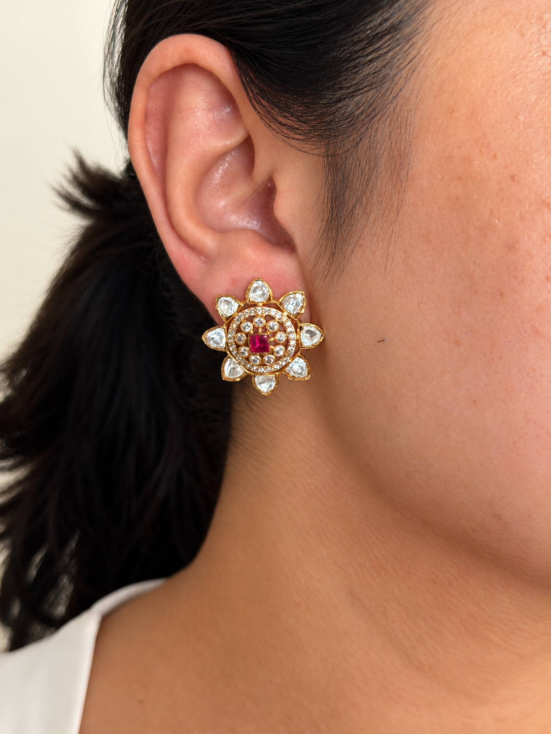 Moissanite Floral Stud Earrings with Square Centre Stone and Round Stone Halo