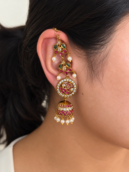 Peacock Disc Jhumka Earrings with Emerald Ruby Leaf Maatal Ear Chain