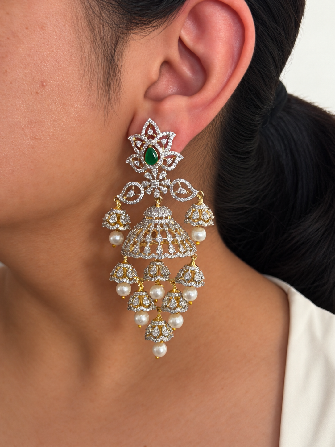 Diamond-Look CZ Chandelier Jhumka Earrings with Emerald Teardrop and Pearl Drops