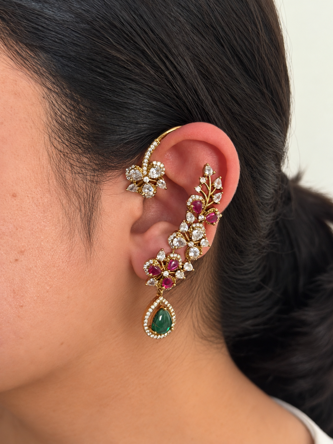 Floral Vine Ear Cuff Earrings with CZ Stones and Teardrop Drop