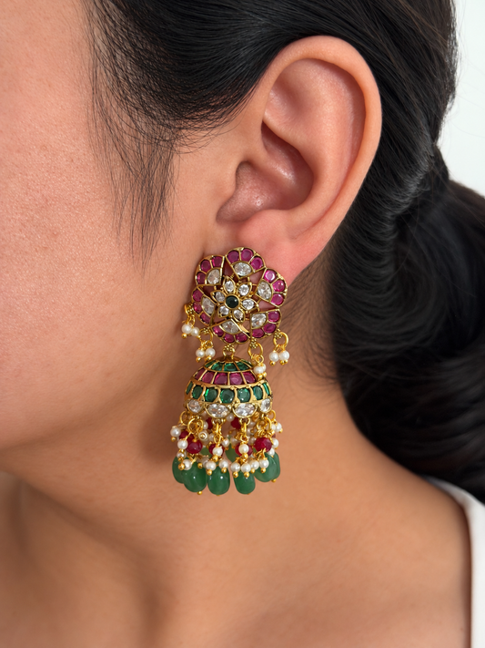 Ruby Kemp Floral Stud Jhumka Earrings with Emerald and CZ Dome and Mint Green Bead Drops