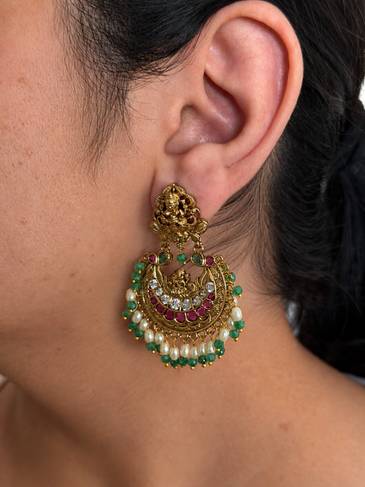 Lakshmi Chaandbali Earrings with Ruby CZ Crescent and Rice Pearl and Mint Green Bead Drops