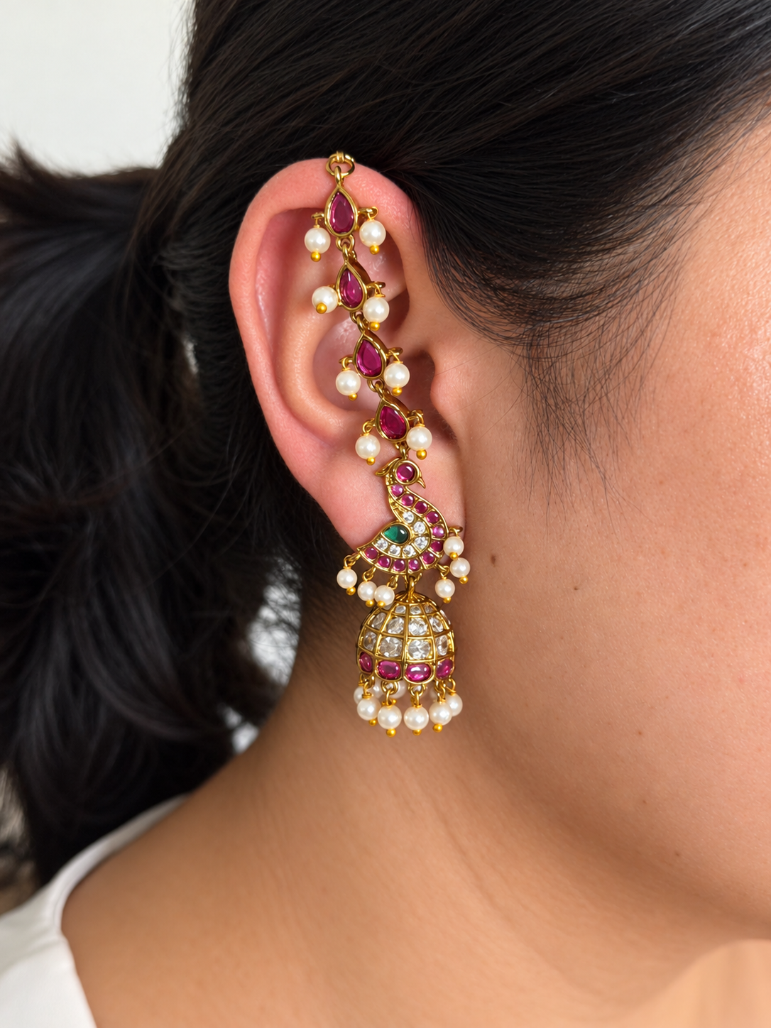 Peacock Jhumka Earrings with Kemp Ear Chain and Pearl Drops