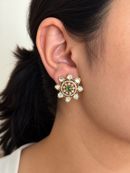 Moissanite Floral Stud Earrings with Square Centre Stone and Round Stone Halo