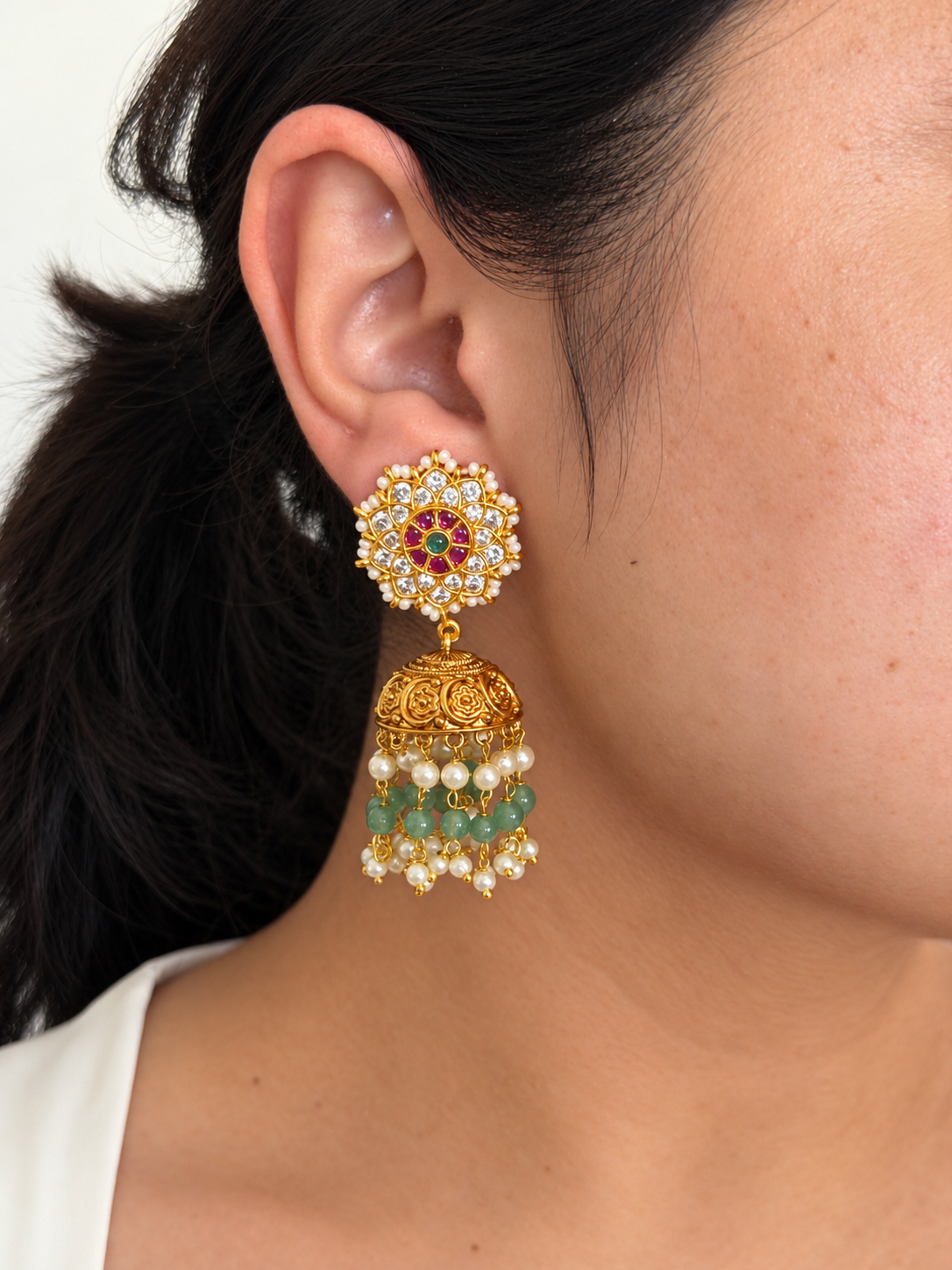 Lotus Stud Jhumka Earrings with Ruby Centre and CZ Petals and Mint Green Bead Drops