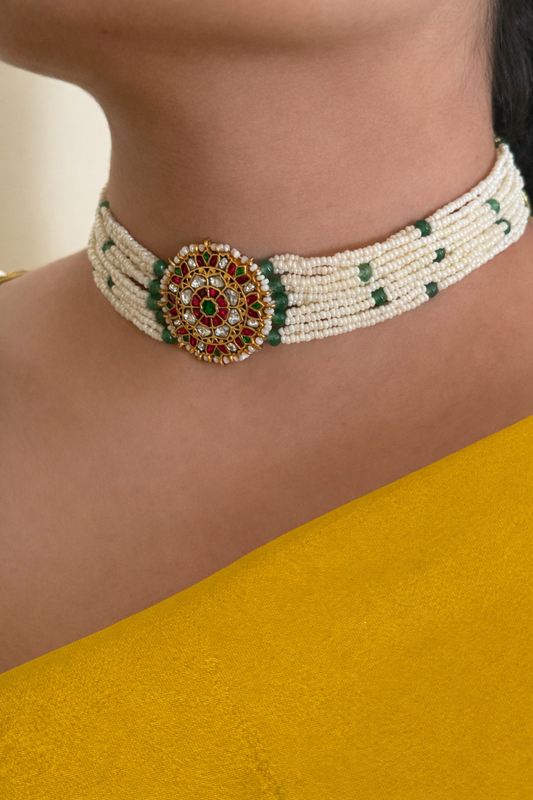 Kundan Floral Pearl Strand Choker