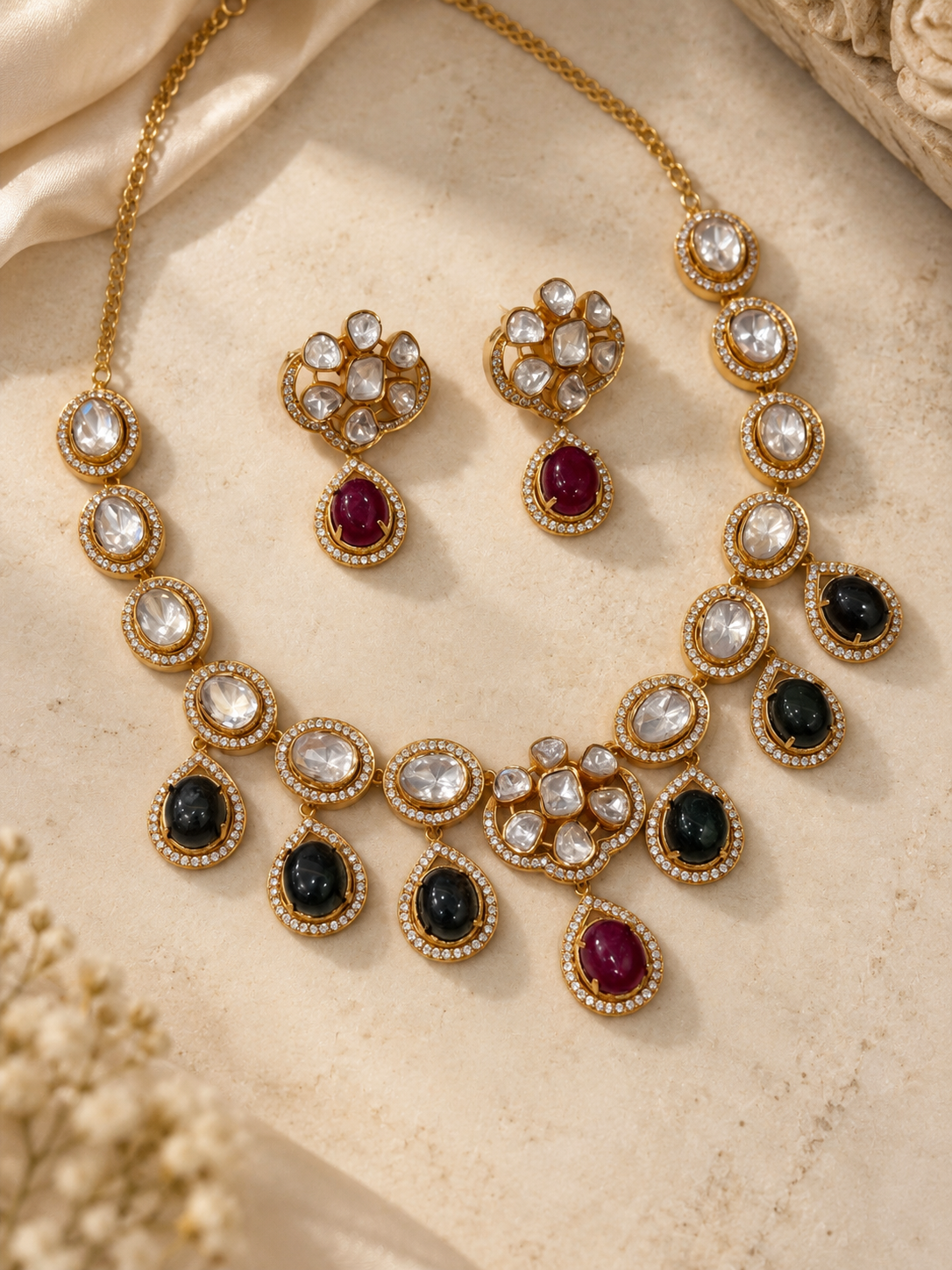 Kundan Polki Necklace Set with Ruby & Black Onyx Stone Drops