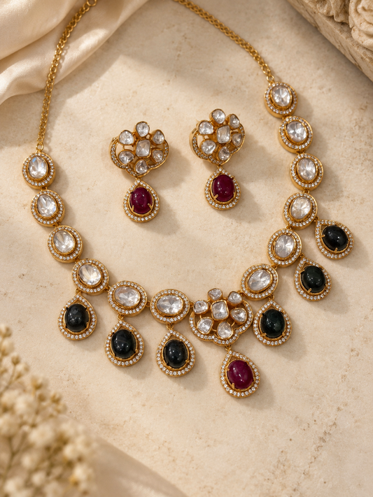 Kundan Polki Necklace Set with Ruby & Black Onyx Stone Drops