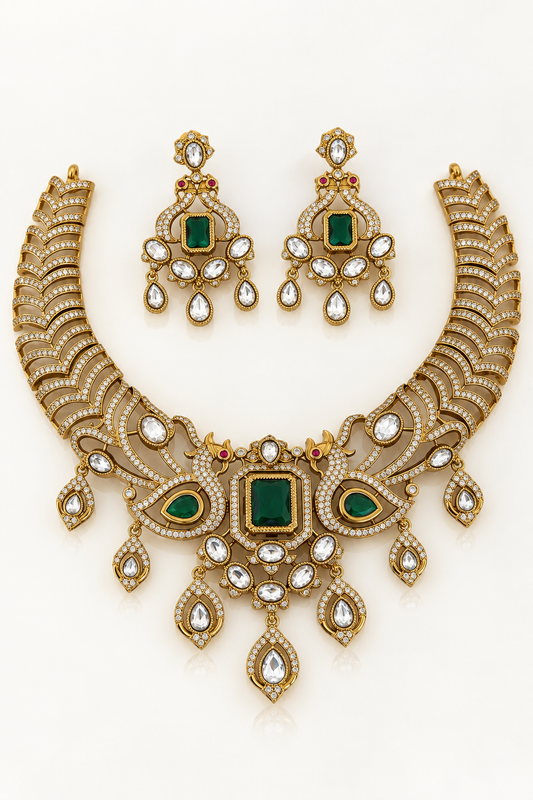 Emerald Peacock Feather Collar Necklace Set with Earrings
