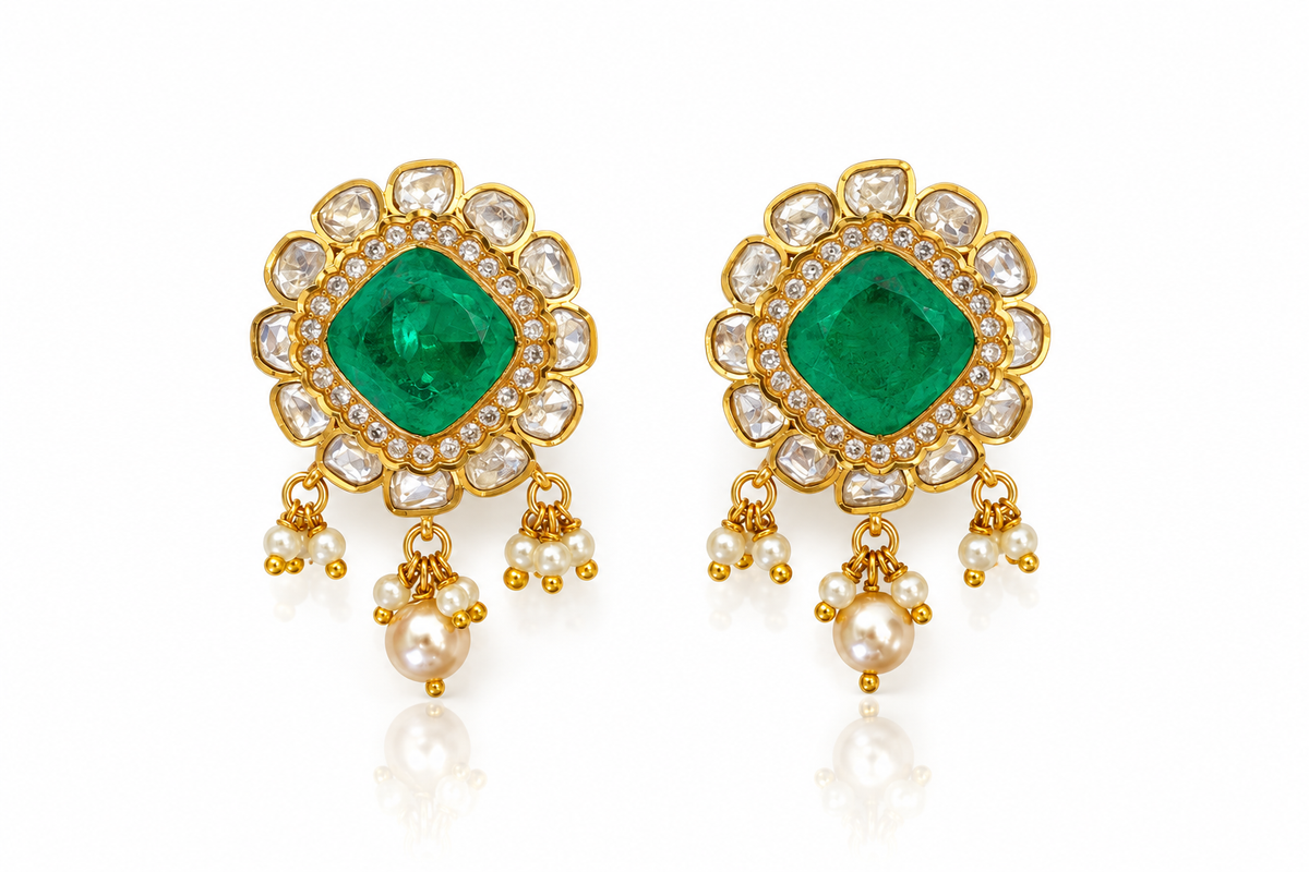 Doublet Emerald Kundan Polki Stud Earrings with Pearl Drops