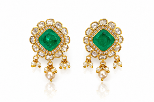 Doublet Emerald Kundan Polki Stud Earrings with Pearl Drops