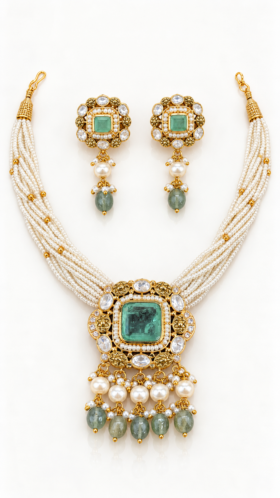 Kundan Emerald Floral Necklace Set with Stud Earrings