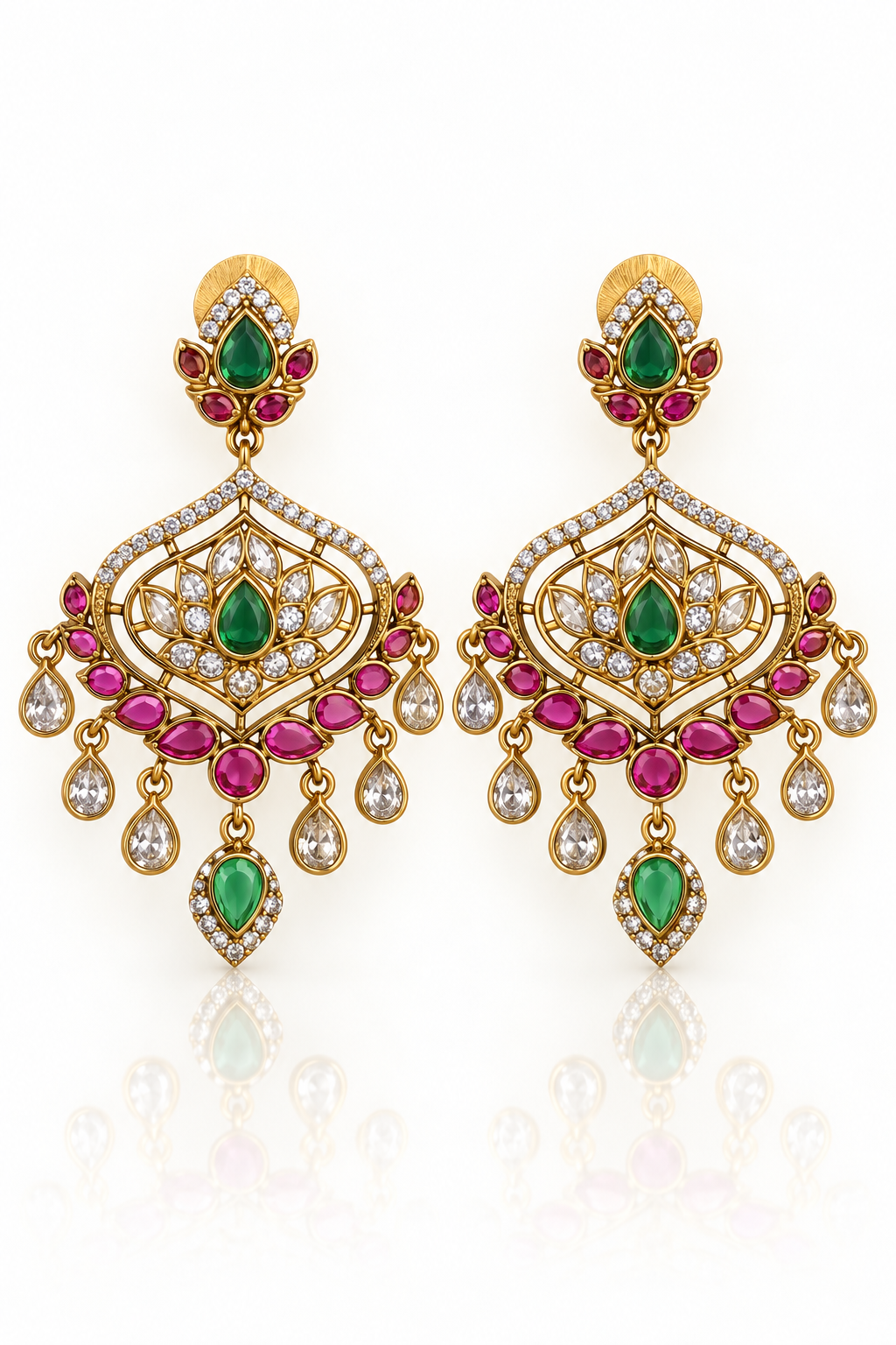 Emerald Kundan Chandelier Earrings with Faceted Drops
