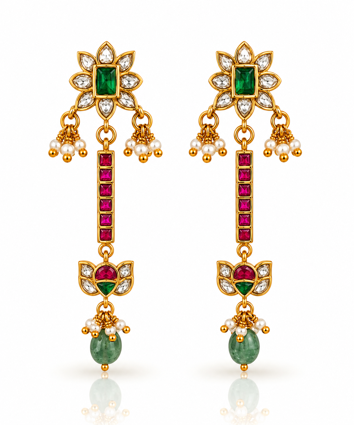 Jadau Kundan Ruby Bar Dangler Earrings with Emerald Drop