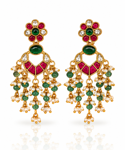 Jadau Kundan Emerald Chandbali Earrings with Pearl Tassels