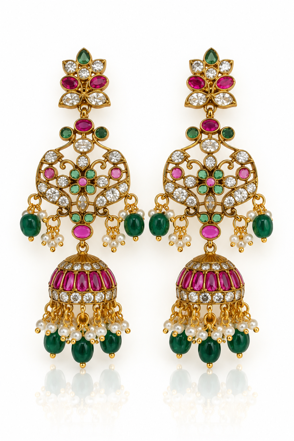 Ruby Emerald Jhumka Earrings with Filigree Medallion