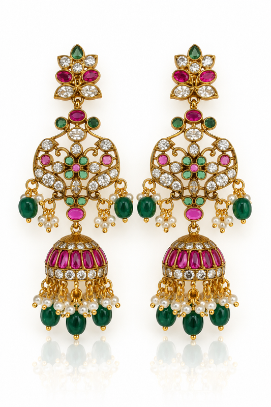 Ruby Emerald Jhumka Earrings with Filigree Medallion