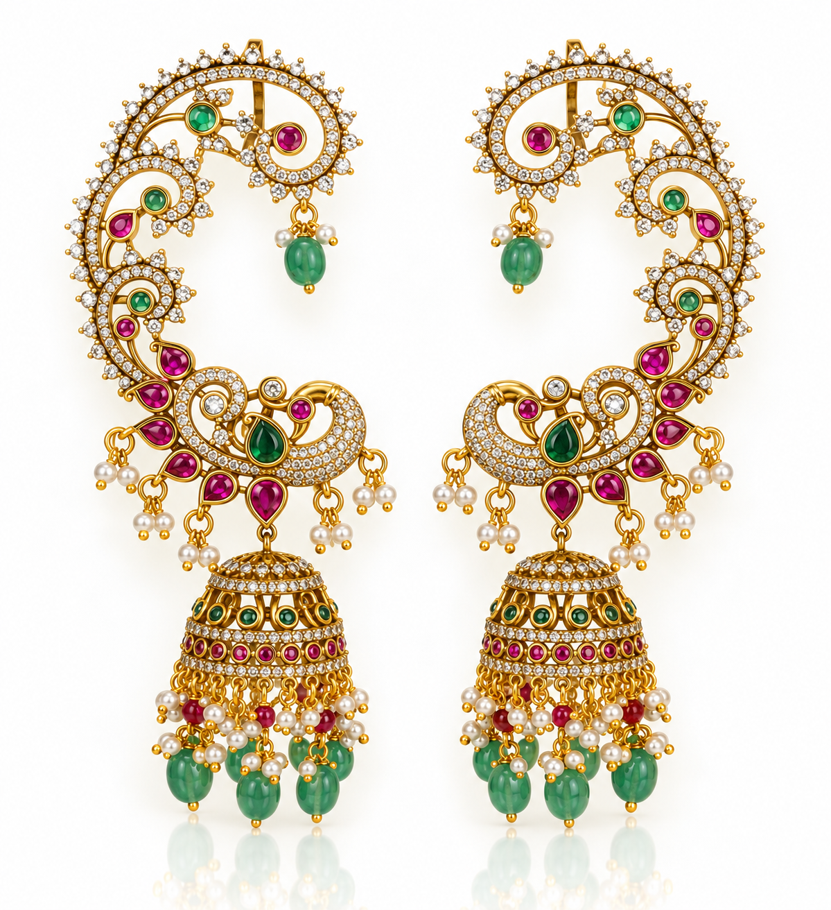 Ruby Emerald Peacock Ear Cuff Earrings with Jhumka Drop
