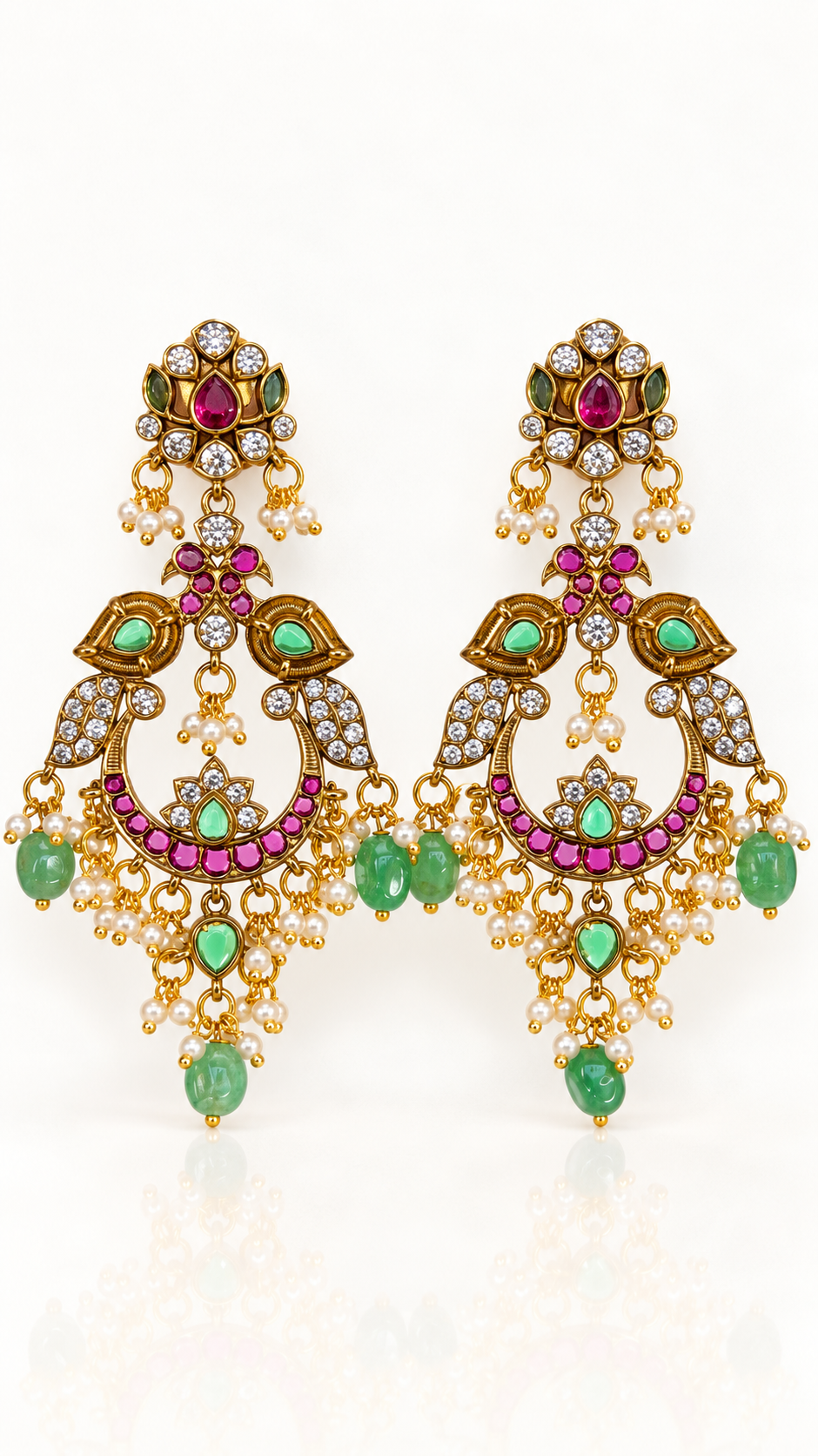 Antique Ruby Emerald Chandbali Earrings with Peacock Accents