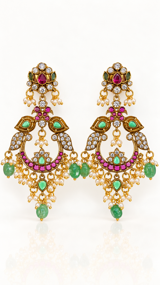 Antique Ruby Emerald Chandbali Earrings with Peacock Accents