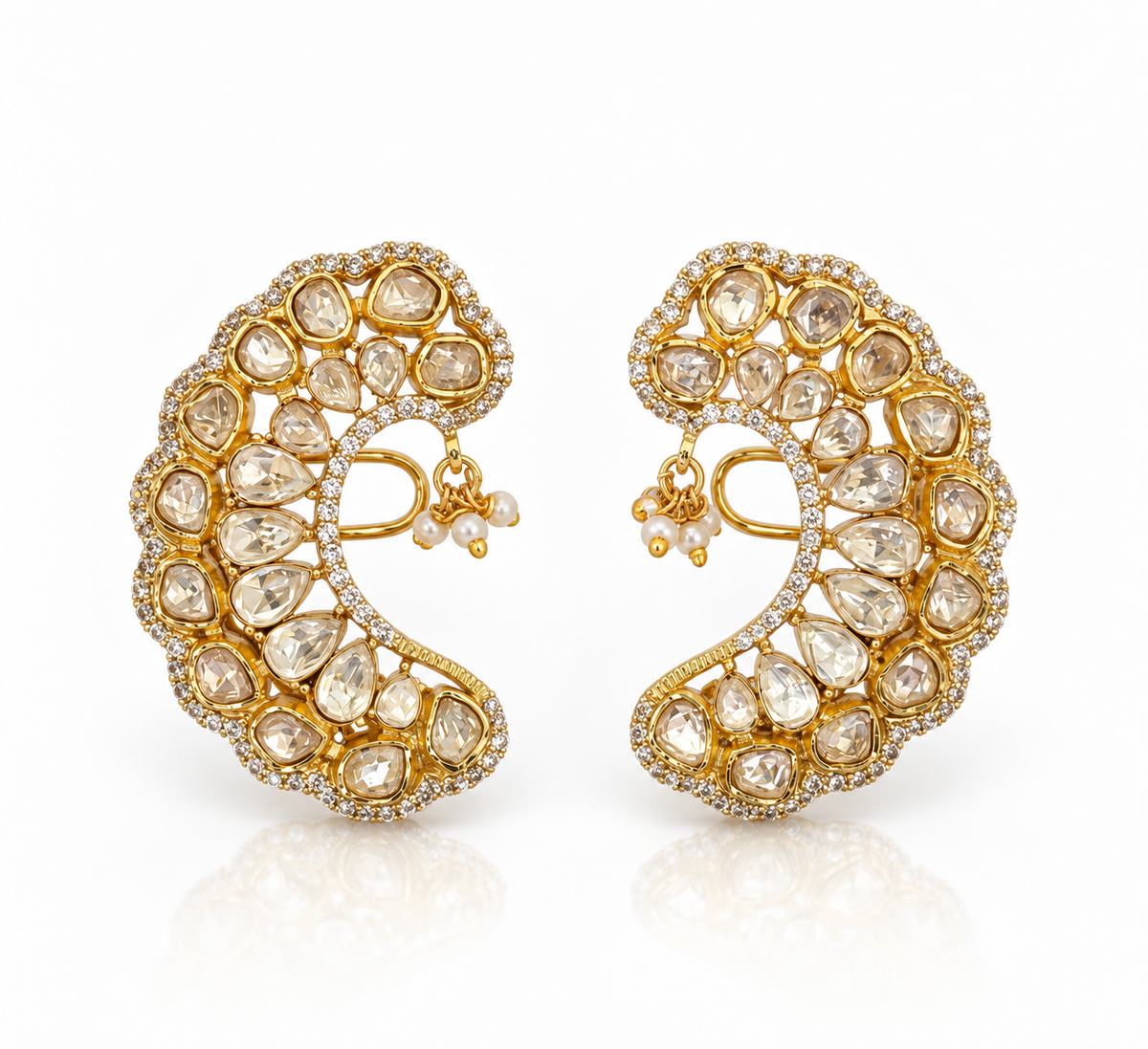 Kundan Polki Crescent Dangler Earrings with Pearl Drop