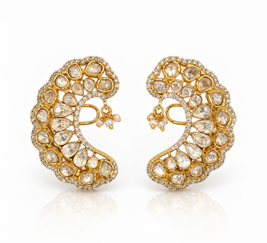 Kundan Polki Crescent Dangler Earrings with Pearl Drop