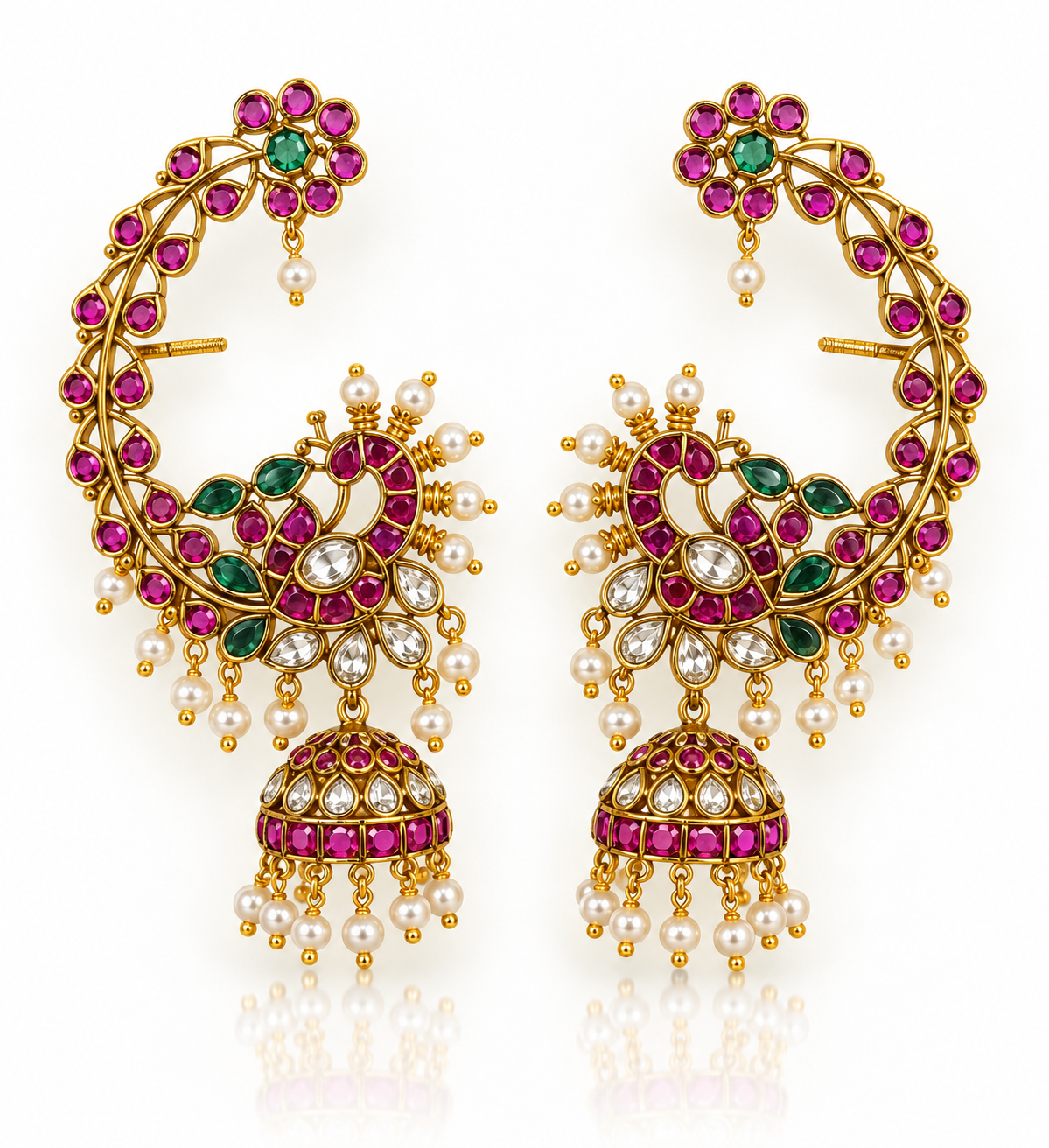 Ruby Kundan Crescent Jhumka Earrings with Peacock Motif