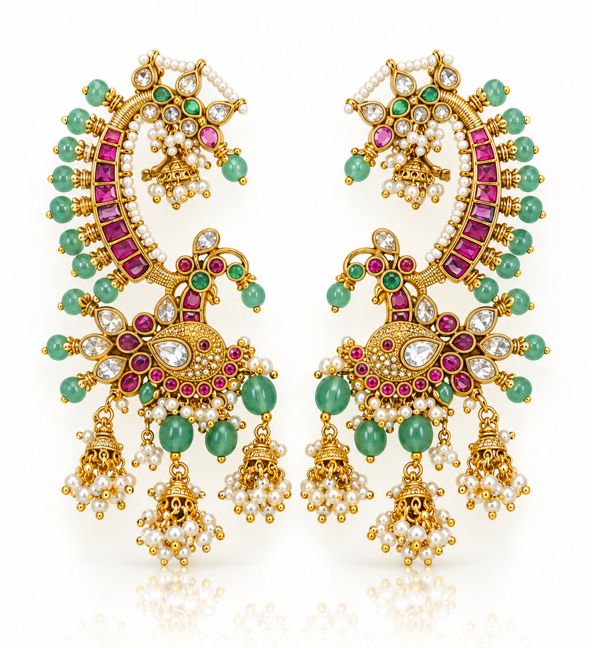 Ruby Peacock Ear Cuff Earrings with Jhumka Drop